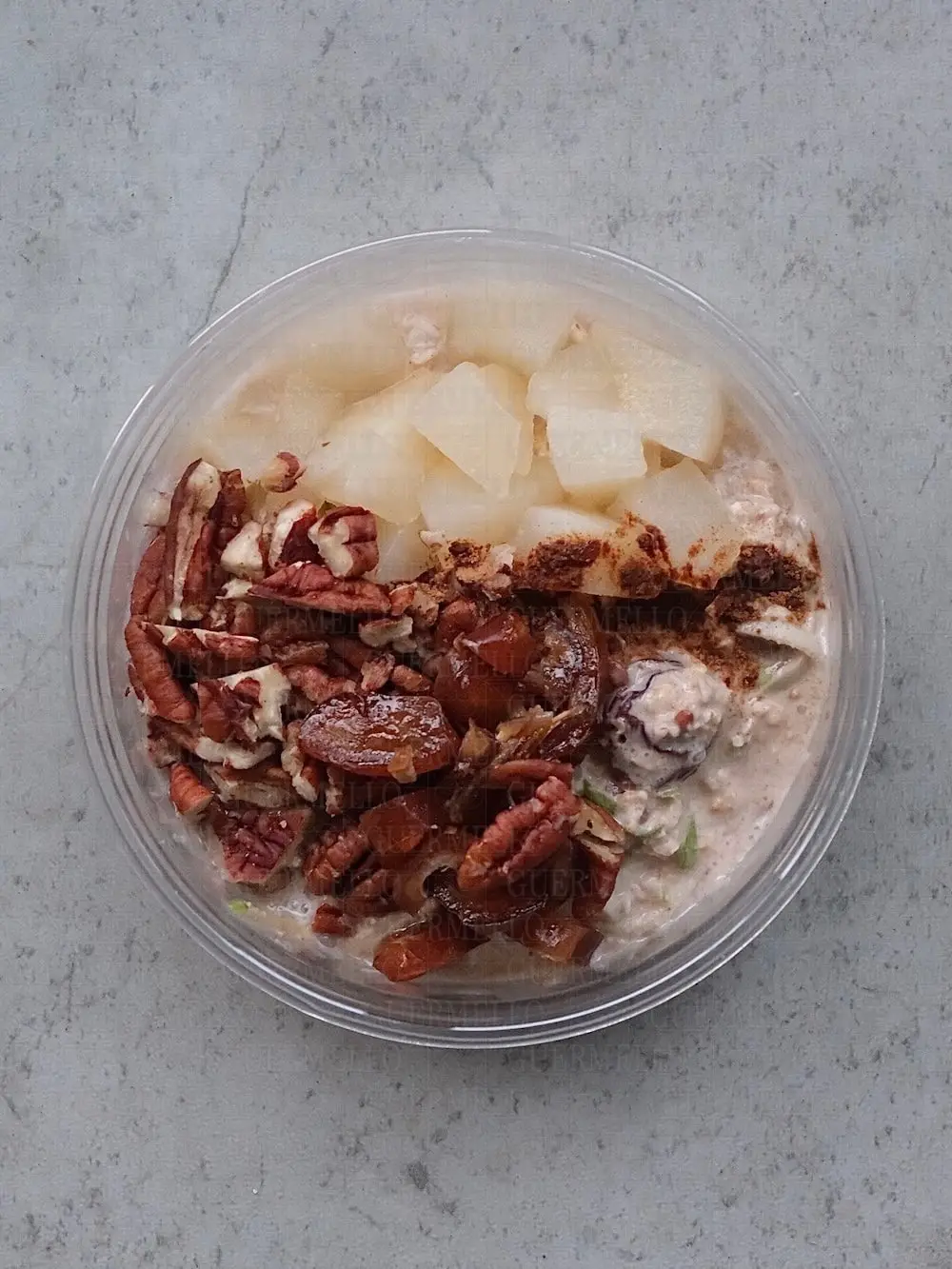 Pots de bircher poire, noix de pécan et dattes (x10)